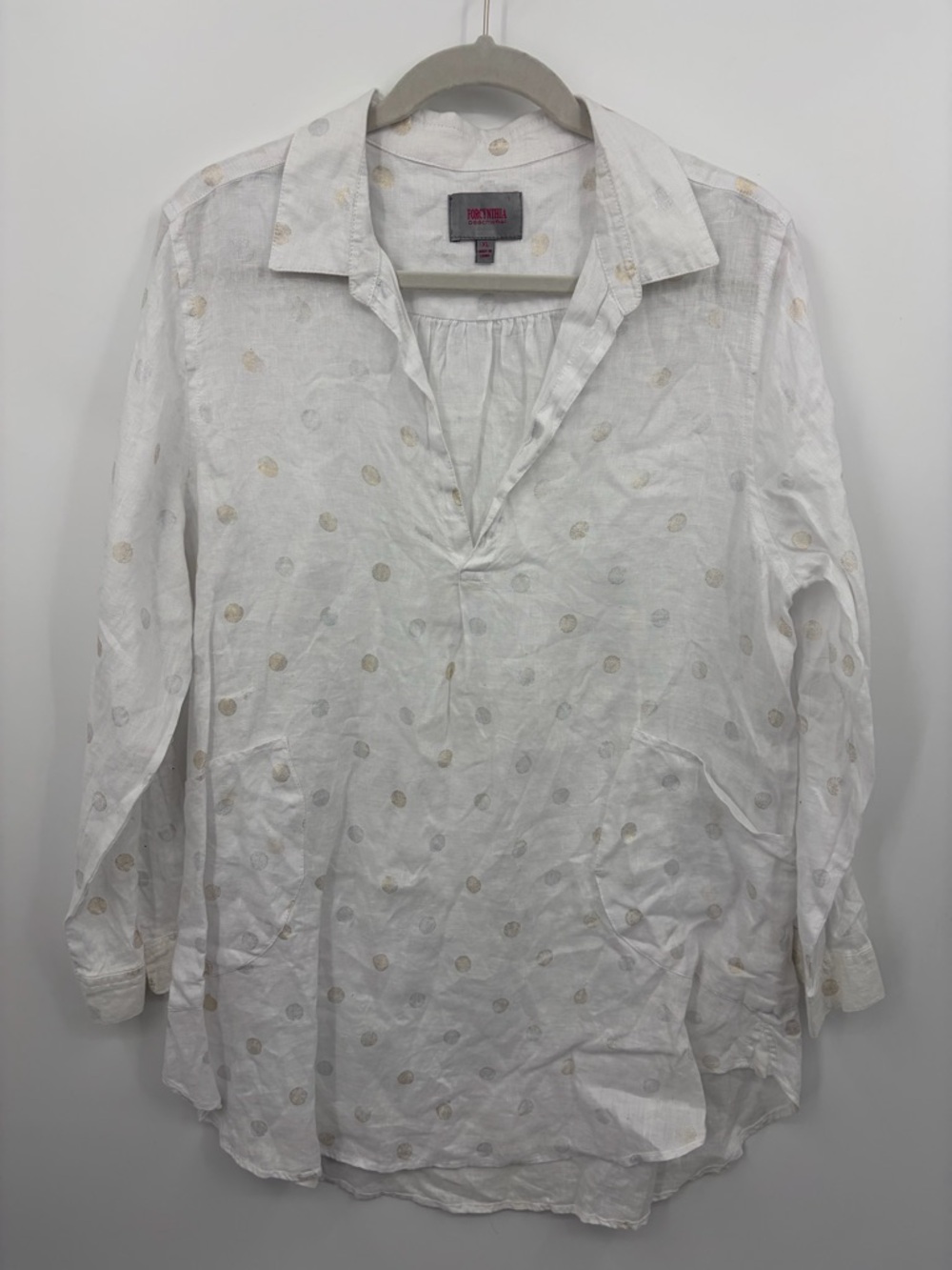 For cynthia Beachwear Size XL 100% Linen top cover up white Metallic polka‎ dot